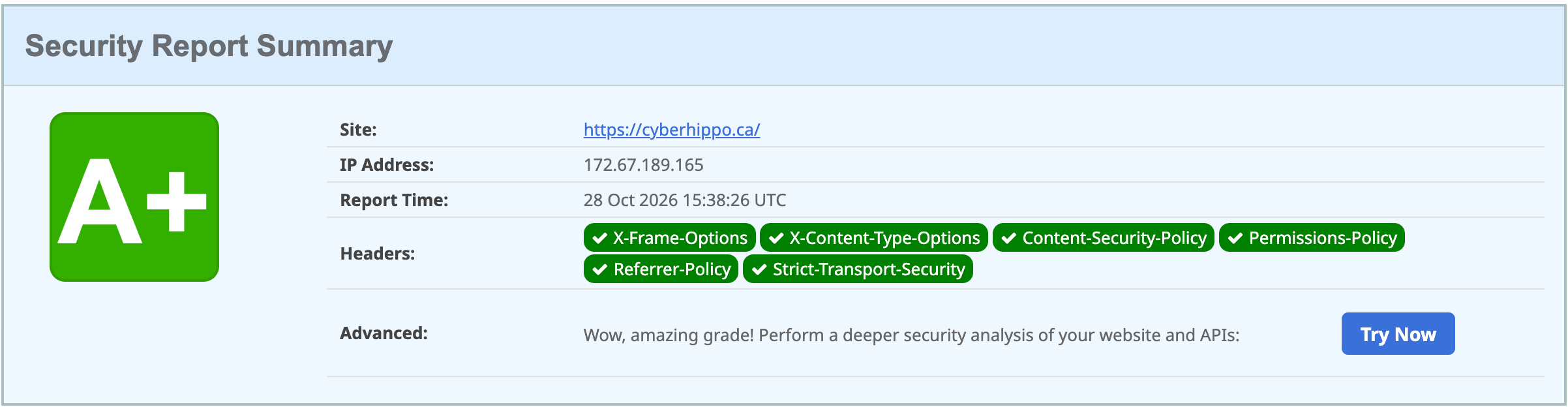 securityheaders.com A+ result for cyberhippo.ca